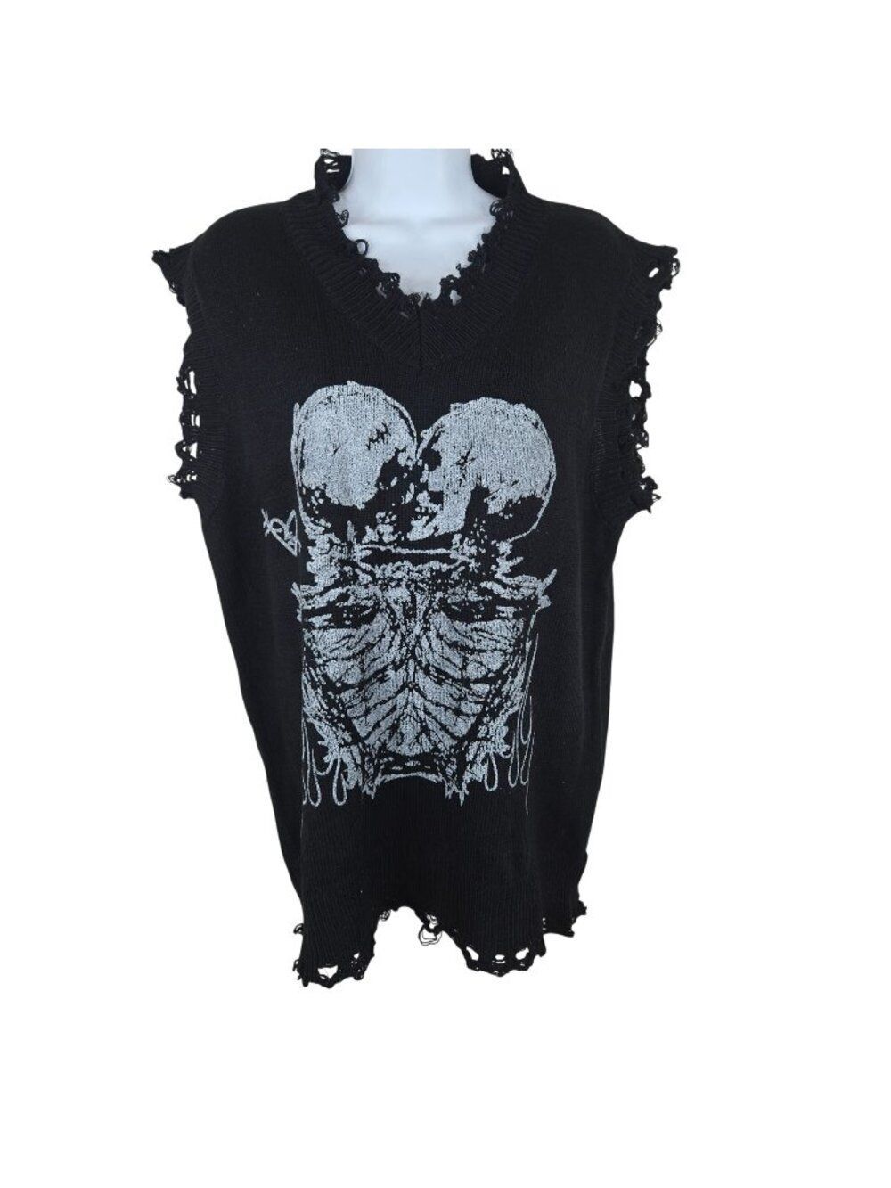 Distressed Black Sleeveless Knit Sweater Skeleton Goth Rocker Womens L